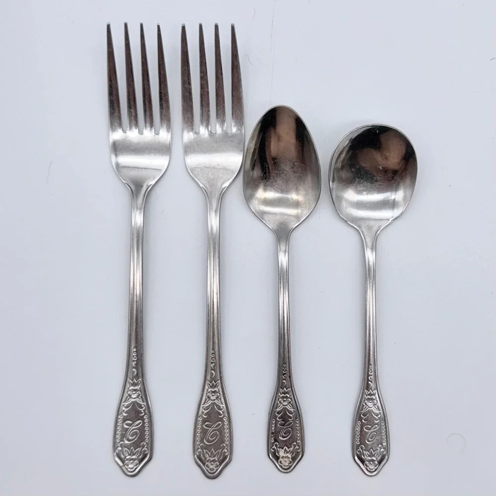 Custom Craft Flatware Stainless Steel Floral Monogram C 4 Piece Set